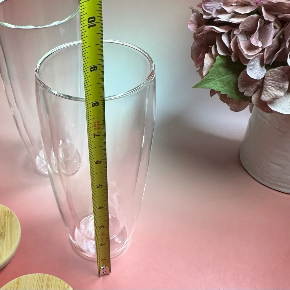 Double Walled Glass Tumblers With Bamboo Lid - set of 2. Approximately 26 ounce